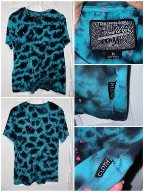 Brooklyn Cloth Teal Black Tie Dye Neon Pink Splatter Tee Men’s Medium Streetwear